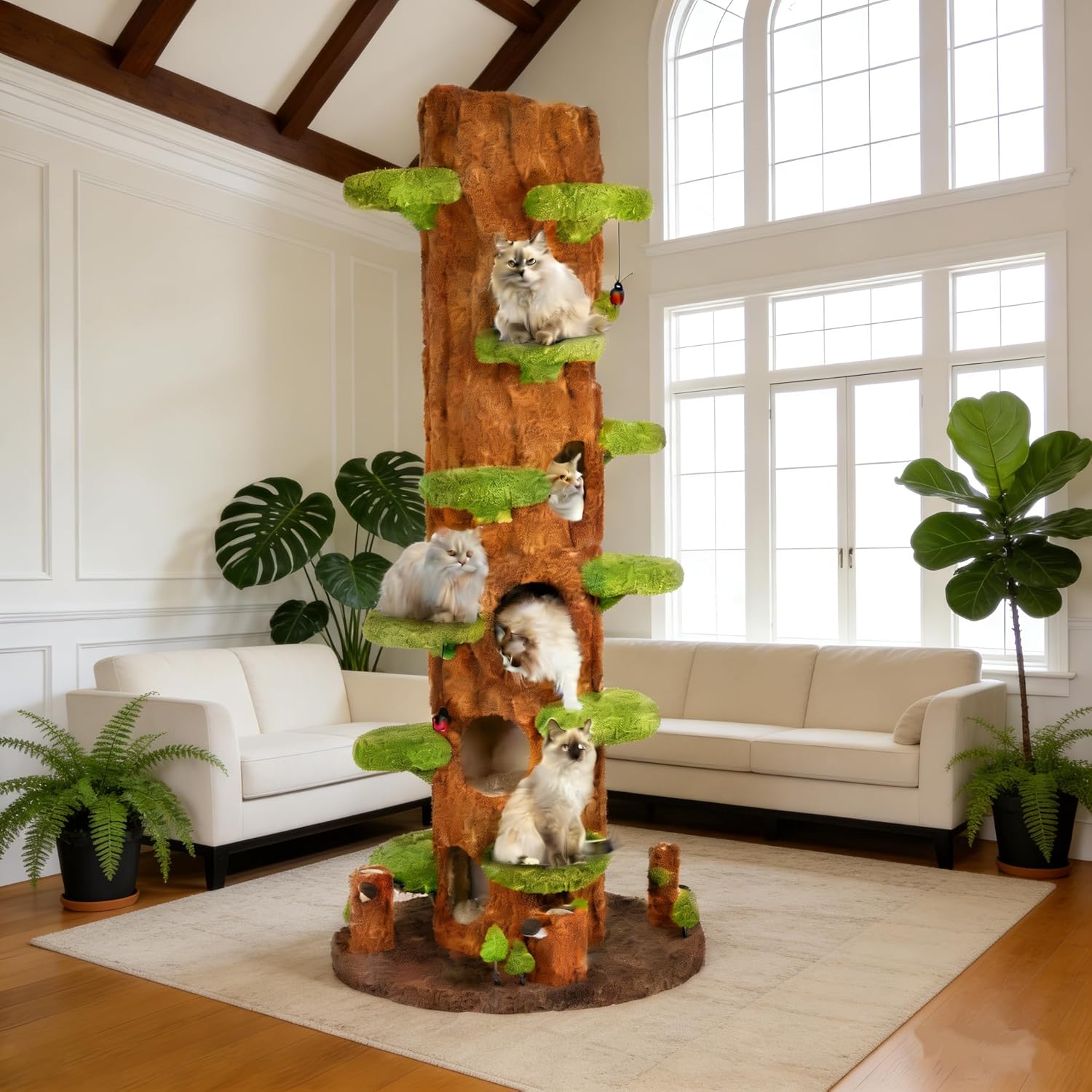 Green tall cat tree tower with plush cushioned platforms, scratching board, and perches for indoor cats — view 5