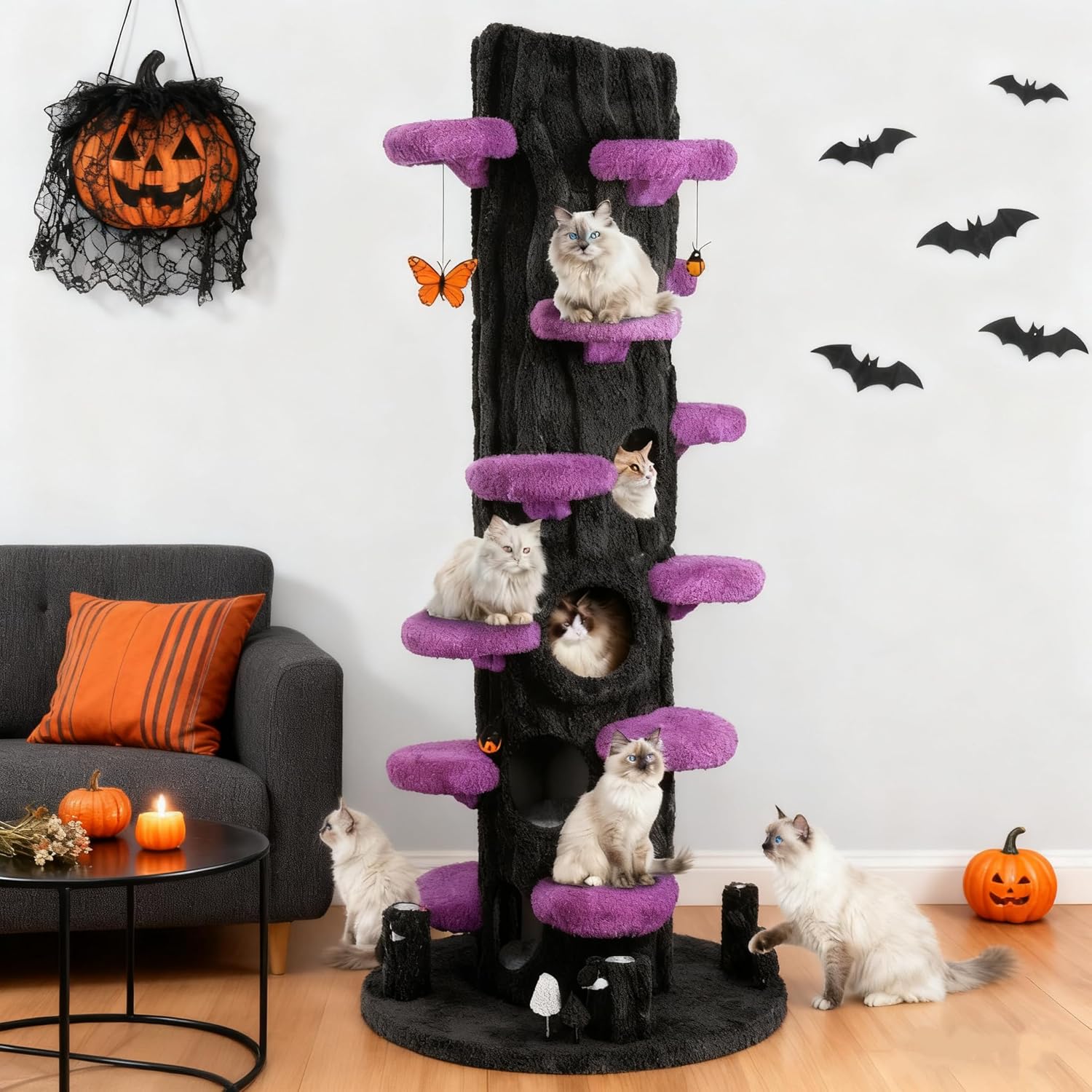 Green tall cat tree tower with plush cushioned platforms, scratching board, and perches for indoor cats — view 7a