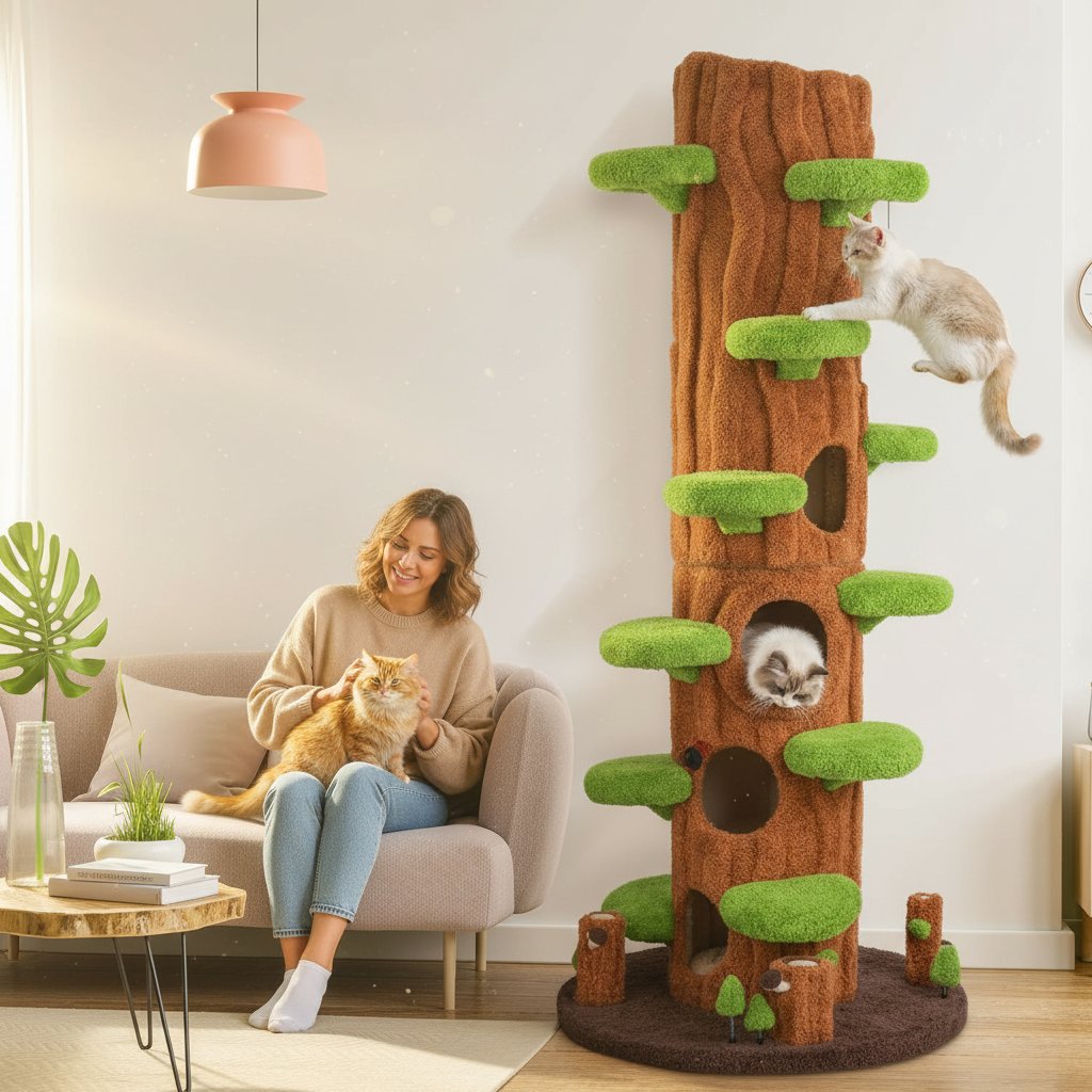Green tall cat tree tower with plush cushioned platforms, scratching board, and perches for indoor cats — view 1