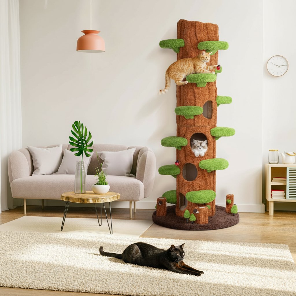 Green tall cat tree tower with plush cushioned platforms, scratching board, and perches for indoor cats — view 3a