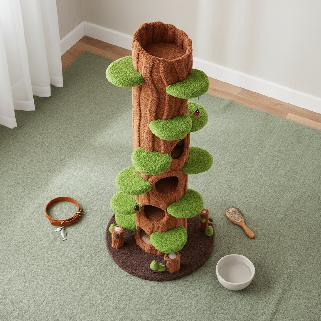 Green tall cat tree tower with plush cushioned platforms, scratching board, and perches for indoor cats — view 4