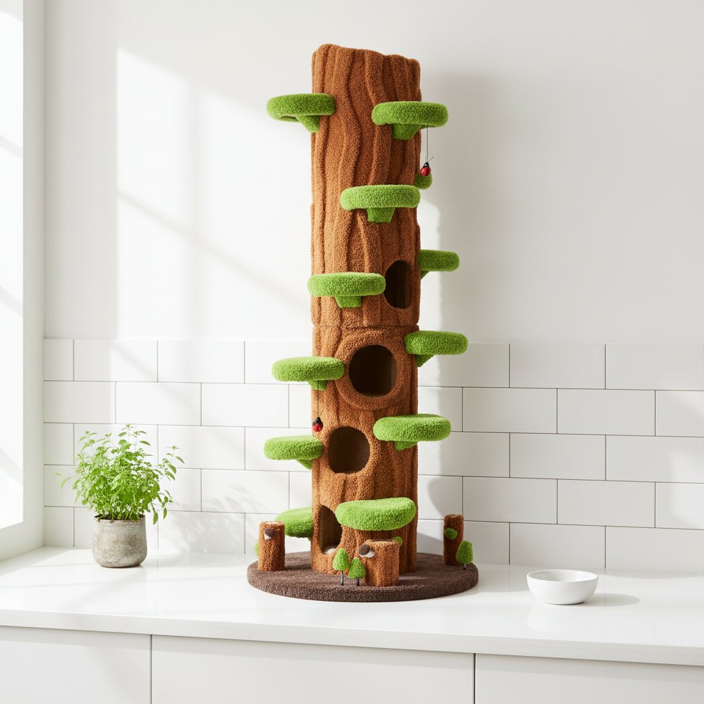 Green tall cat tree tower with plush cushioned platforms, scratching board, and perches for indoor cats — view 5a