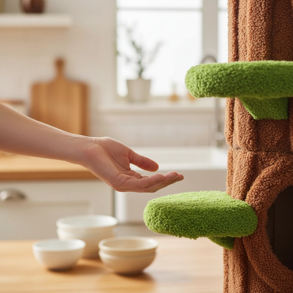 Green tall cat tree tower with plush cushioned platforms, scratching board, and perches for indoor cats — view 6