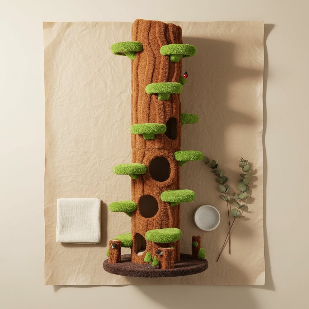 Green tall cat tree tower with plush cushioned platforms, scratching board, and perches for indoor cats — view 7b