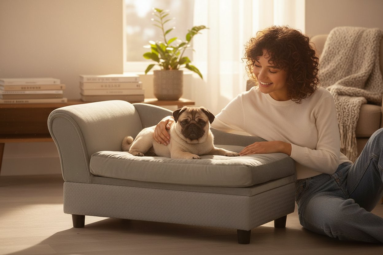 Gray modern memory foam dog bed for small dogs with soft plush cushioning and hidden storage compartment — view 1