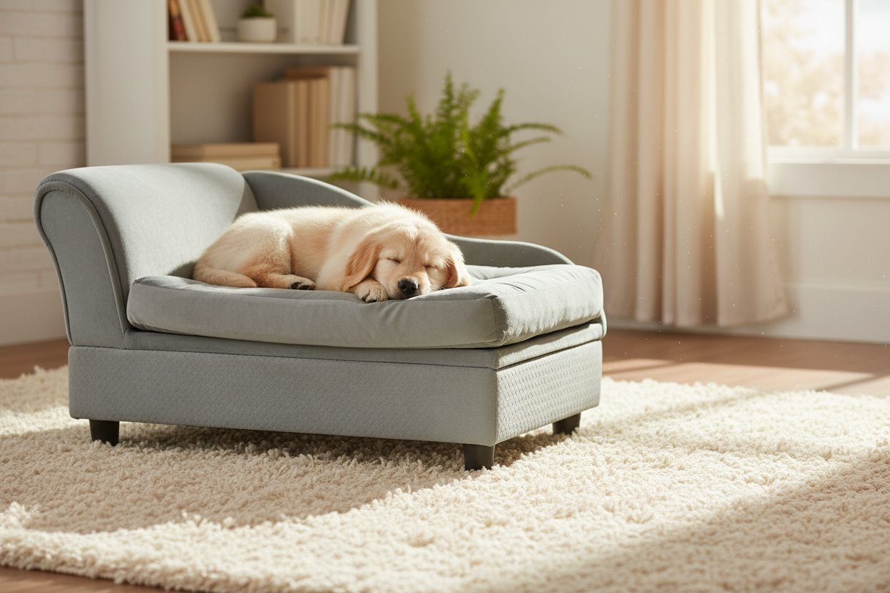 Gray modern memory foam dog bed for small dogs with soft plush cushioning and hidden storage compartment — view 3a