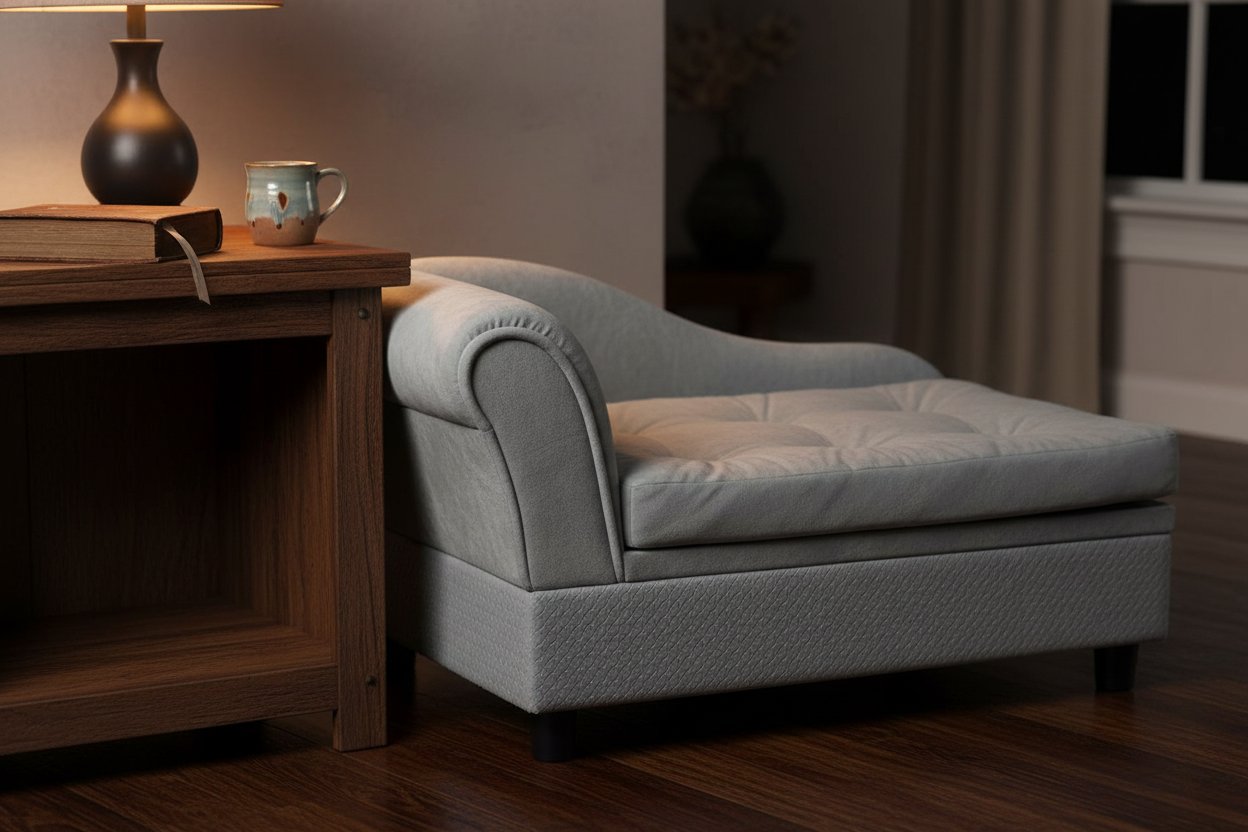 Gray modern memory foam dog bed for small dogs with soft plush cushioning and hidden storage compartment — view 3b