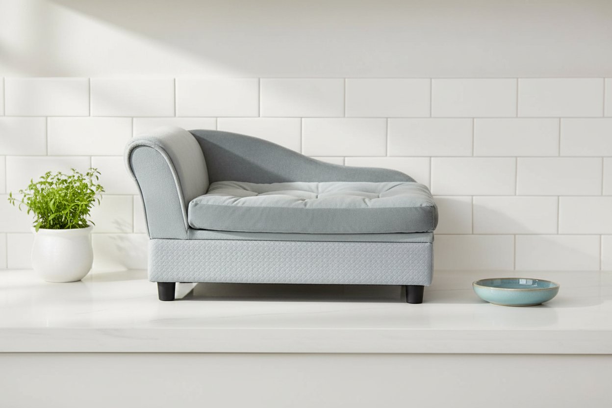 Gray modern memory foam dog bed for small dogs with soft plush cushioning and hidden storage compartment — view 5a