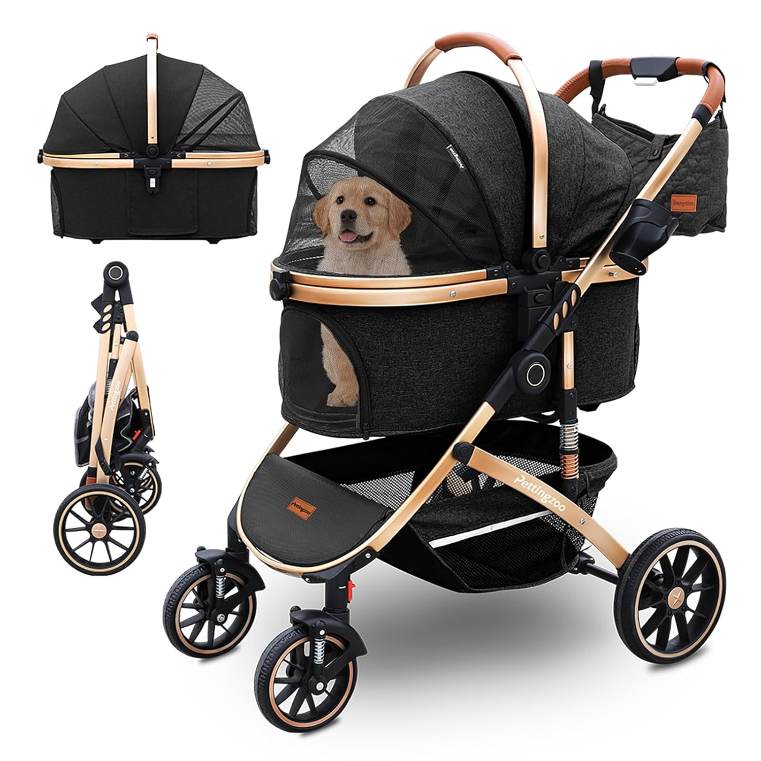Black and gray 3-in-1 pet stroller with folding design, removable carrier, and storage basket for dogs and cats up to 60 lbs — view 1