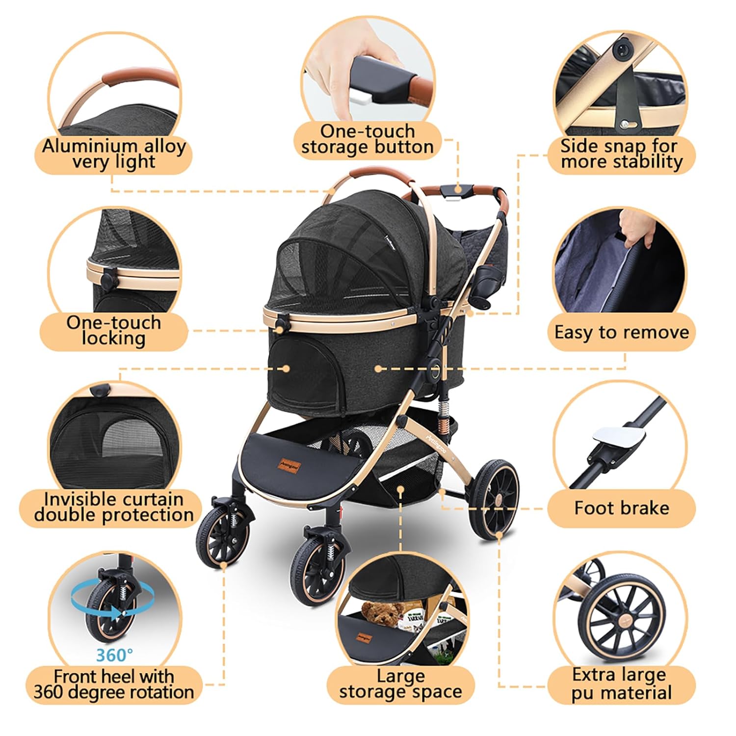 Black and gray 3-in-1 pet stroller with folding design, removable carrier, and storage basket for dogs and cats up to 60 lbs — view 2