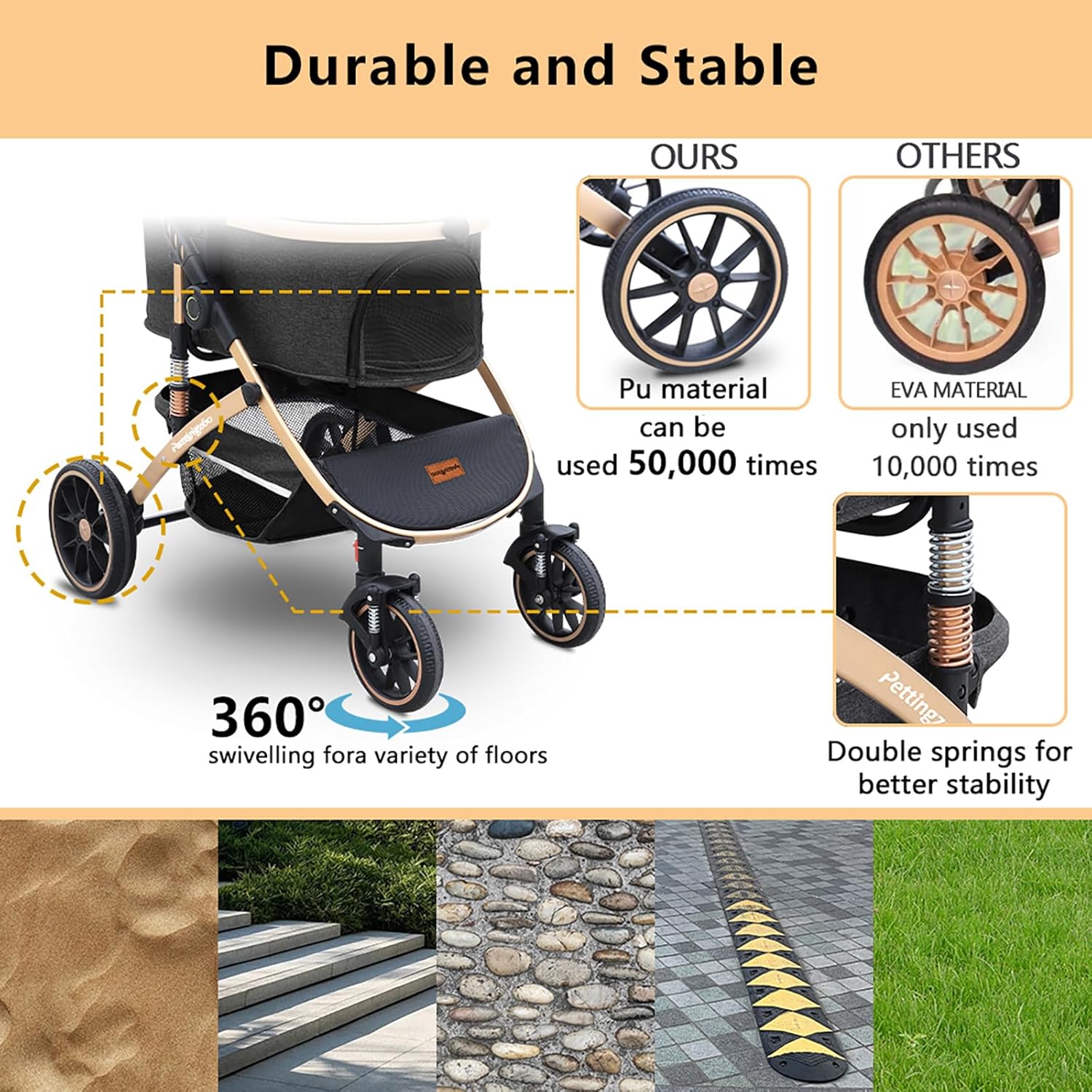 Black and gray 3-in-1 pet stroller with folding design, removable carrier, and storage basket for dogs and cats up to 60 lbs — view 3