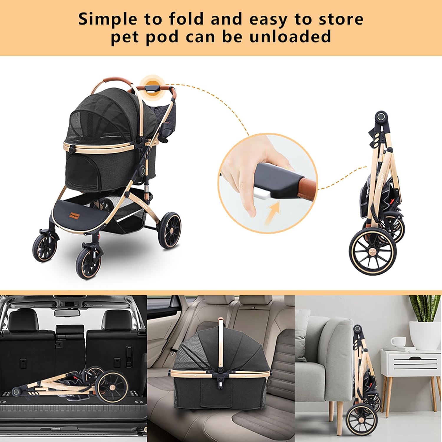 Black and gray 3-in-1 pet stroller with folding design, removable carrier, and storage basket for dogs and cats up to 60 lbs — view 4