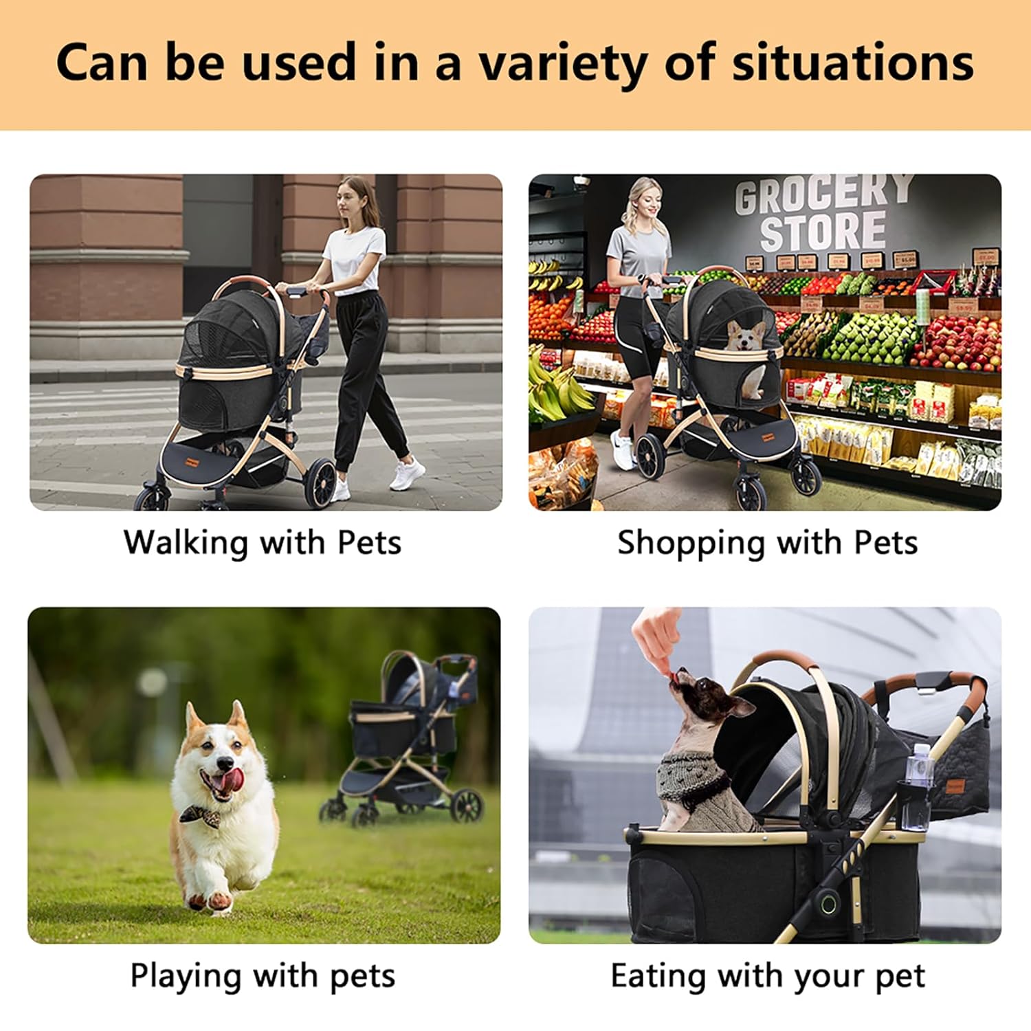 Black and gray 3-in-1 pet stroller with folding design, removable carrier, and storage basket for dogs and cats up to 60 lbs — view 3