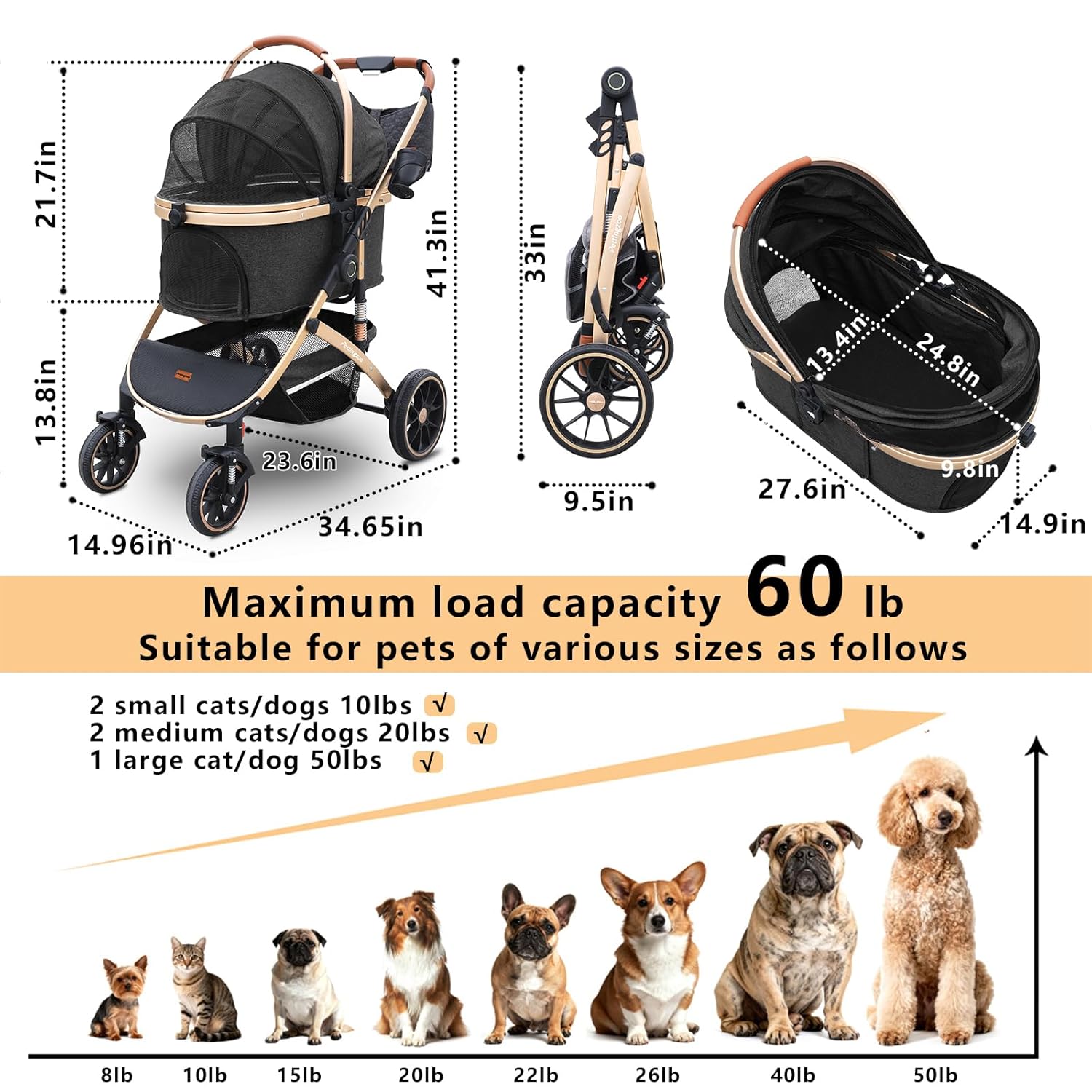 Black and gray 3-in-1 pet stroller with folding design, removable carrier, and storage basket for dogs and cats up to 60 lbs — view 4