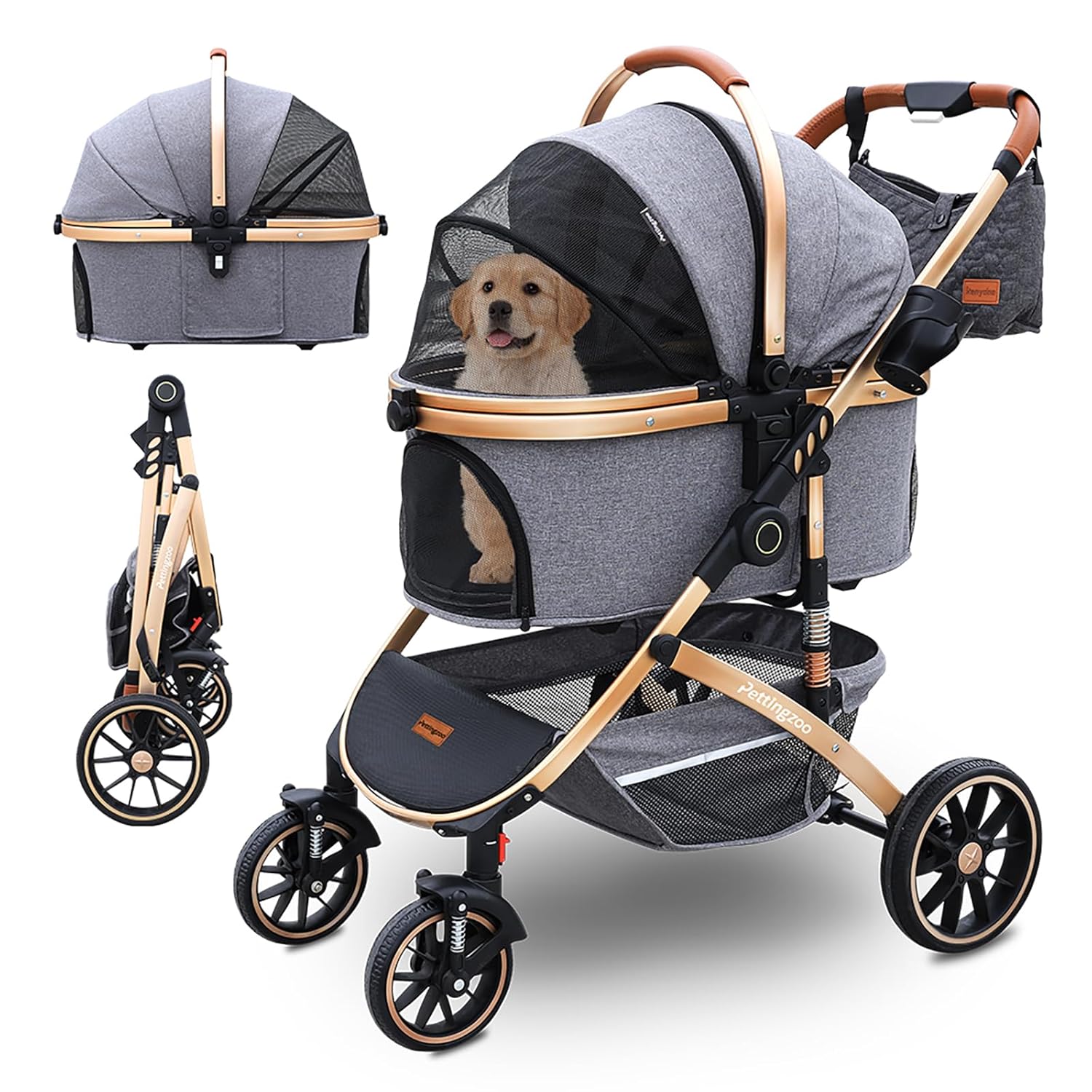Black and gray 3-in-1 pet stroller with folding design, removable carrier, and storage basket for dogs and cats up to 60 lbs — view 5