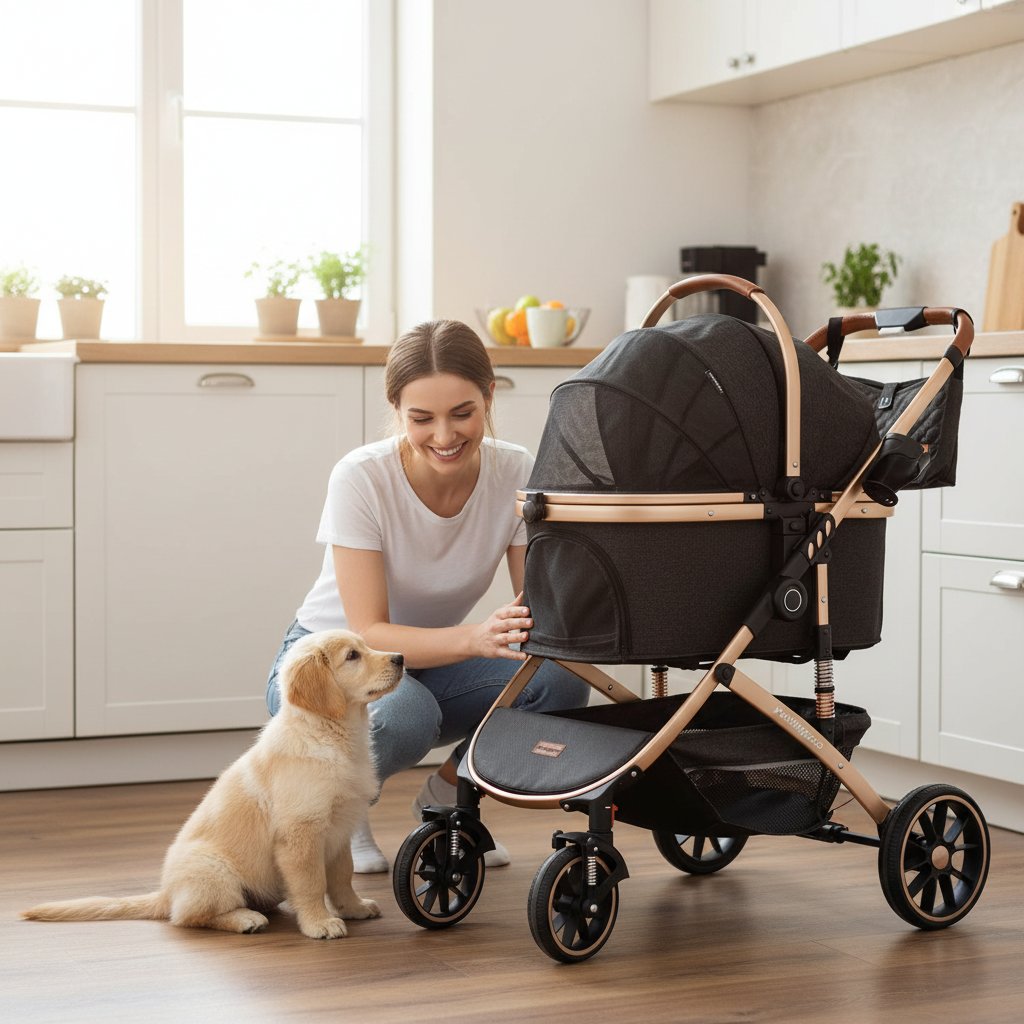 Black and gray 3-in-1 pet stroller with folding design, removable carrier, and storage basket for dogs and cats up to 60 lbs — view 2