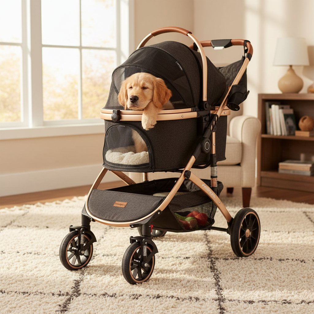 Black and gray 3-in-1 pet stroller with folding design, removable carrier, and storage basket for dogs and cats up to 60 lbs — view 3a
