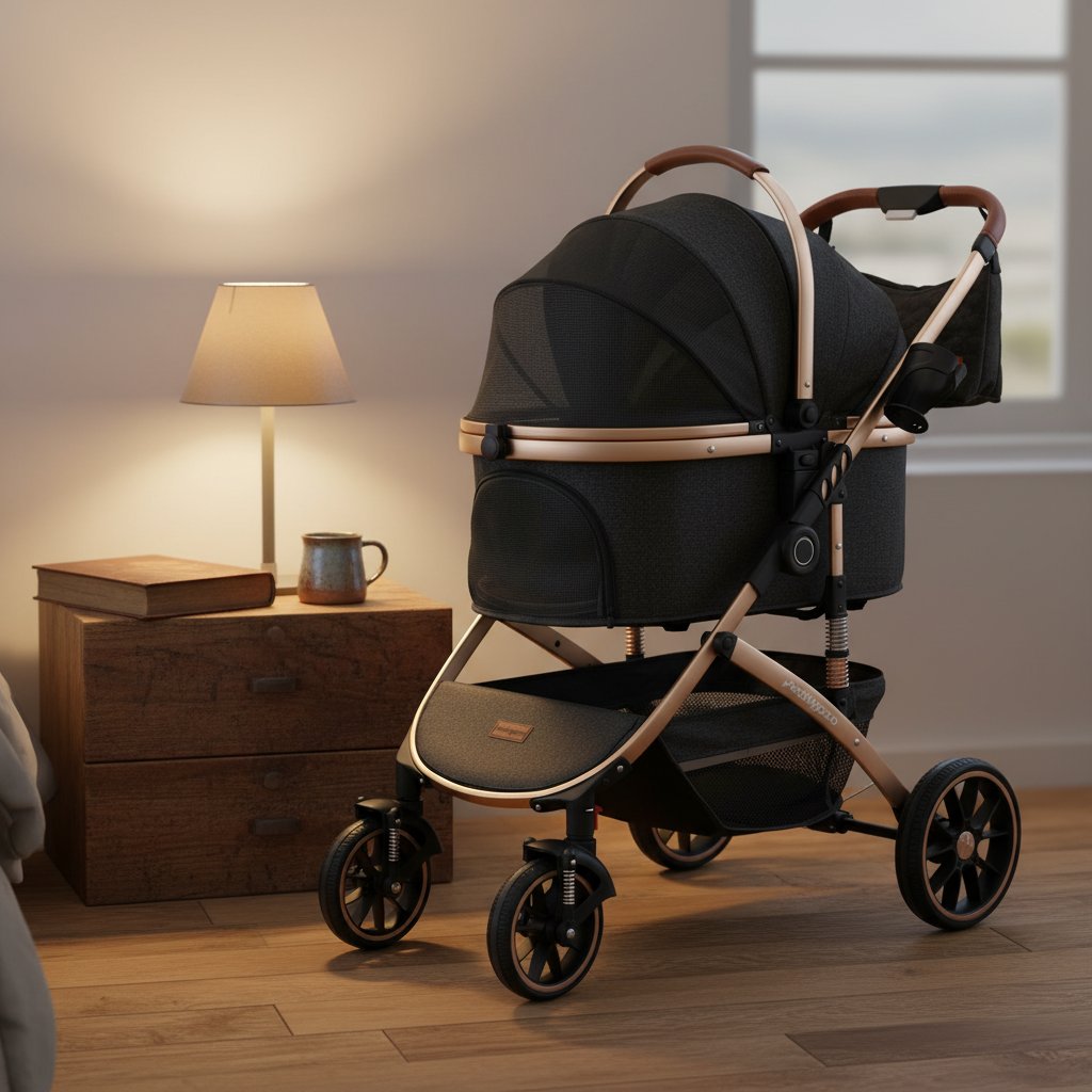 Black and gray 3-in-1 pet stroller with folding design, removable carrier, and storage basket for dogs and cats up to 60 lbs — view 3b