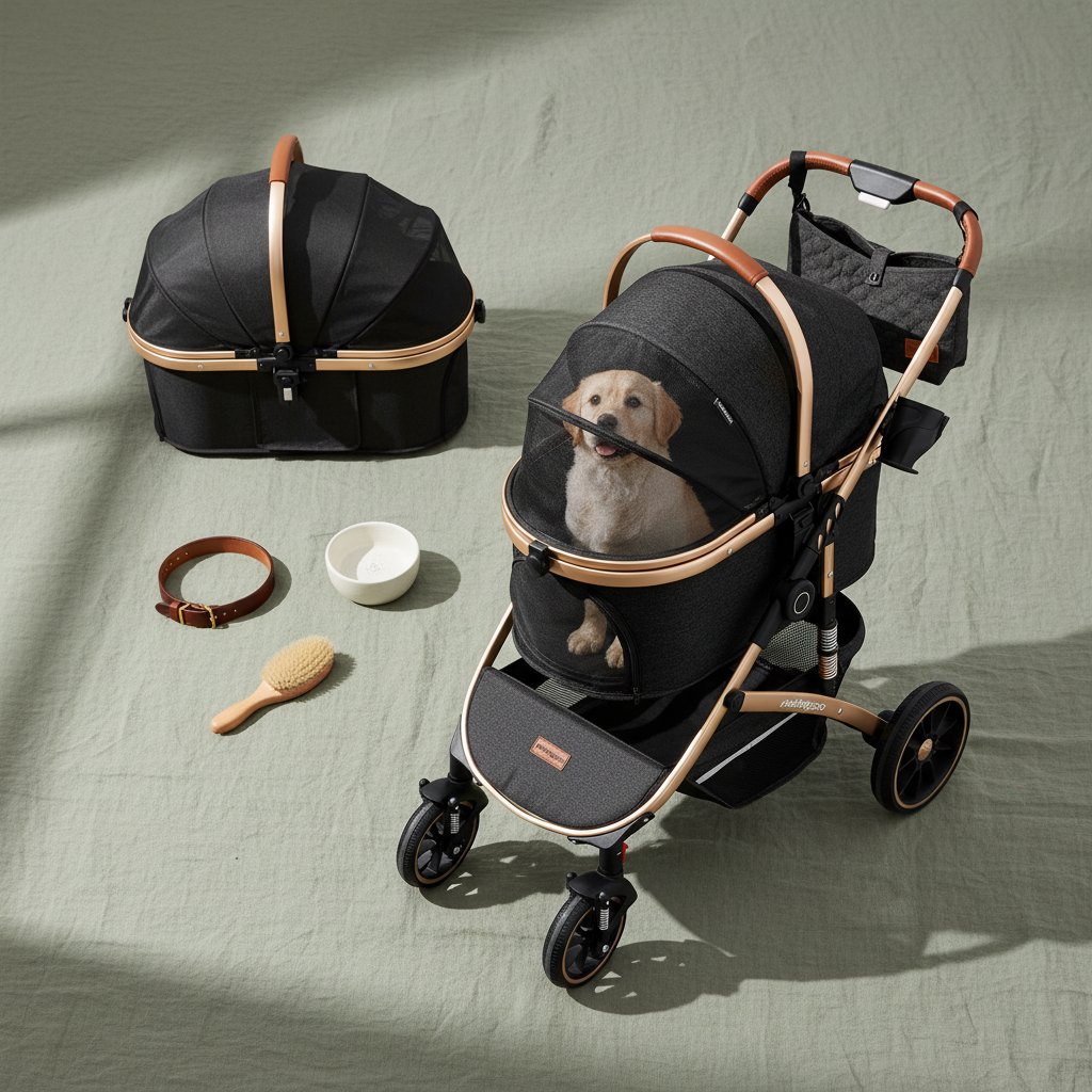 Black and gray 3-in-1 pet stroller with folding design, removable carrier, and storage basket for dogs and cats up to 60 lbs — view 4