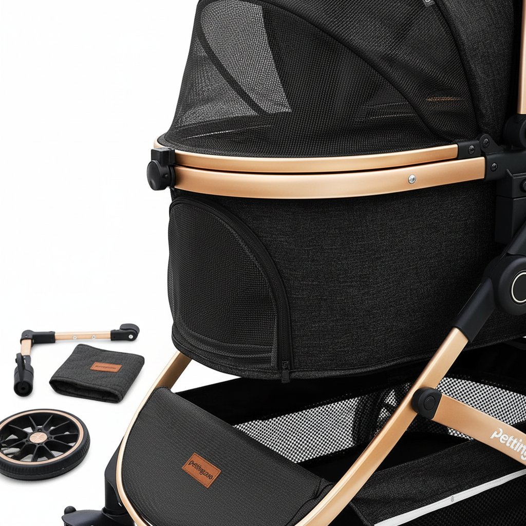 Black and gray 3-in-1 pet stroller with folding design, removable carrier, and storage basket for dogs and cats up to 60 lbs — view 5b