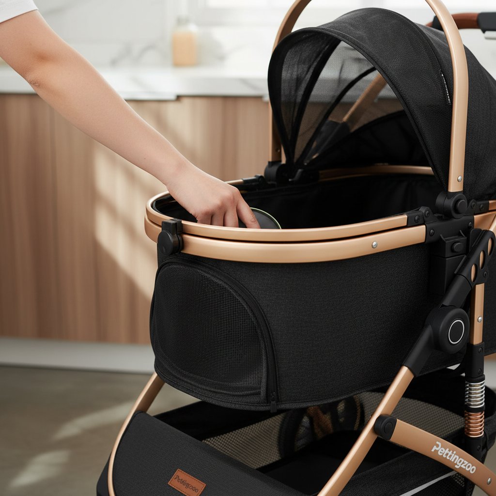 Black and gray 3-in-1 pet stroller with folding design, removable carrier, and storage basket for dogs and cats up to 60 lbs — view 6