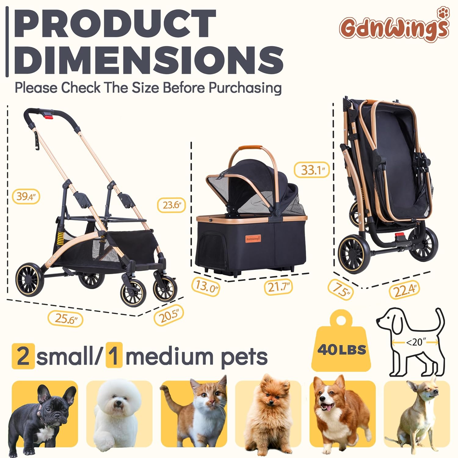 Black lightweight pet stroller with shock absorption system, detachable carrier for small dogs and cats — view 2