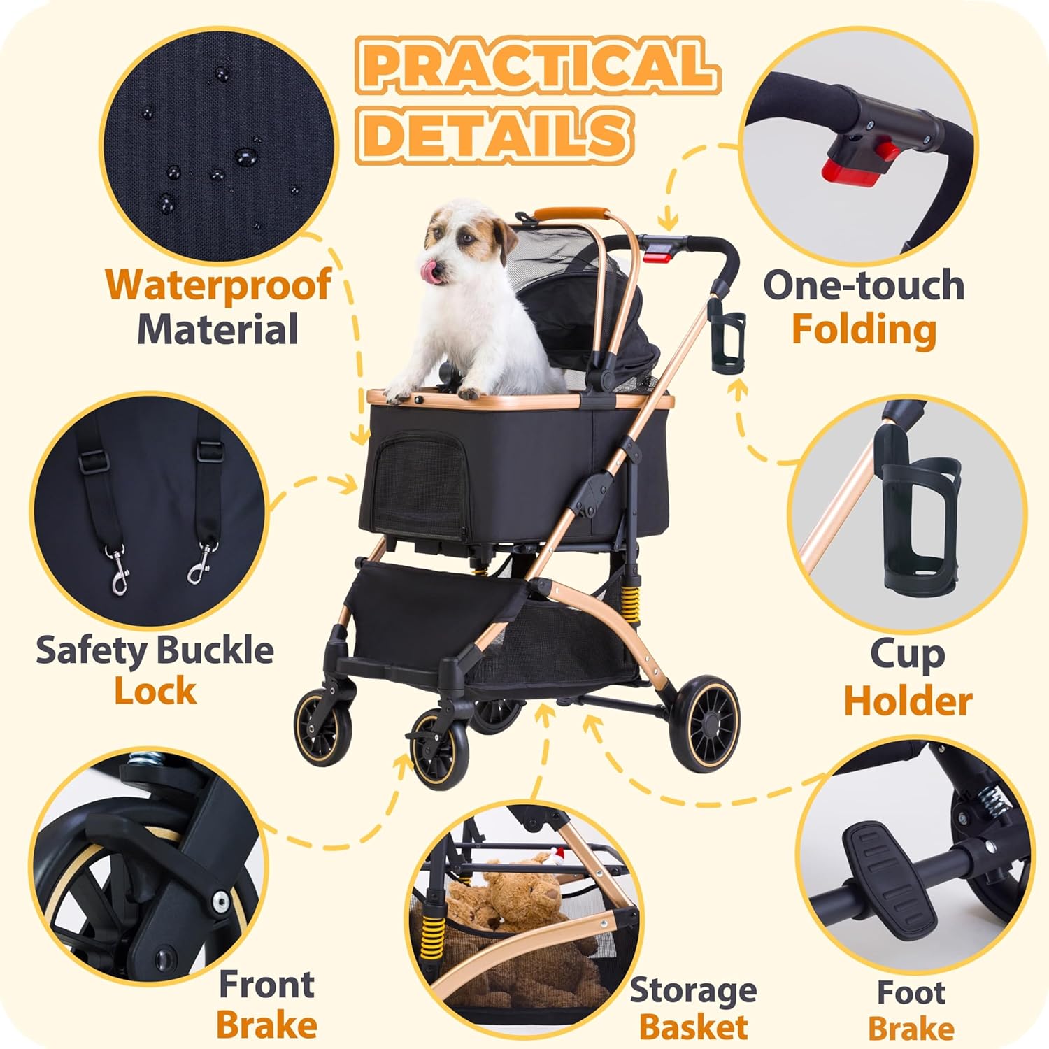 Black lightweight pet stroller with shock absorption system, detachable carrier for small dogs and cats — view 2