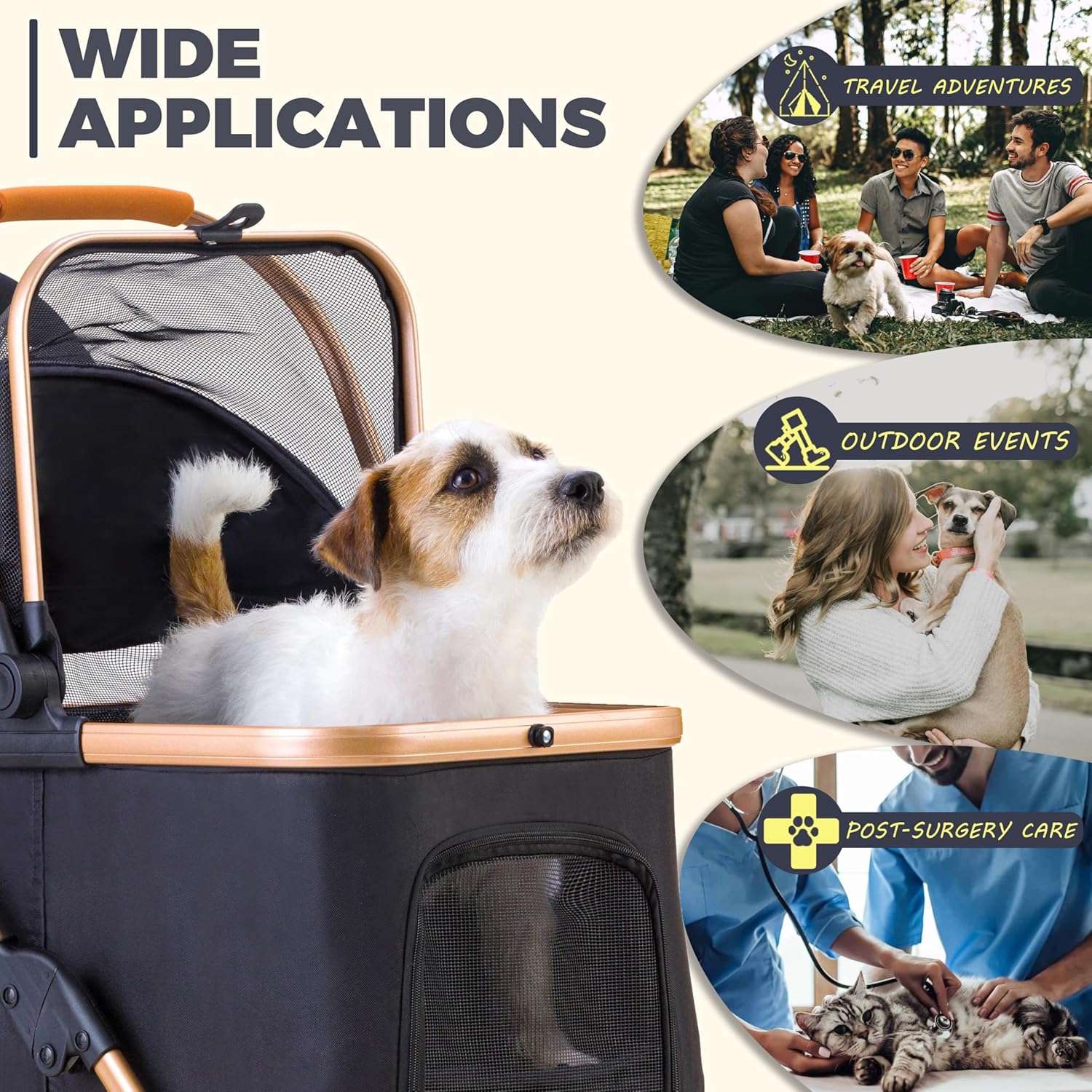 Black lightweight pet stroller with shock absorption system, detachable carrier for small dogs and cats — view 3