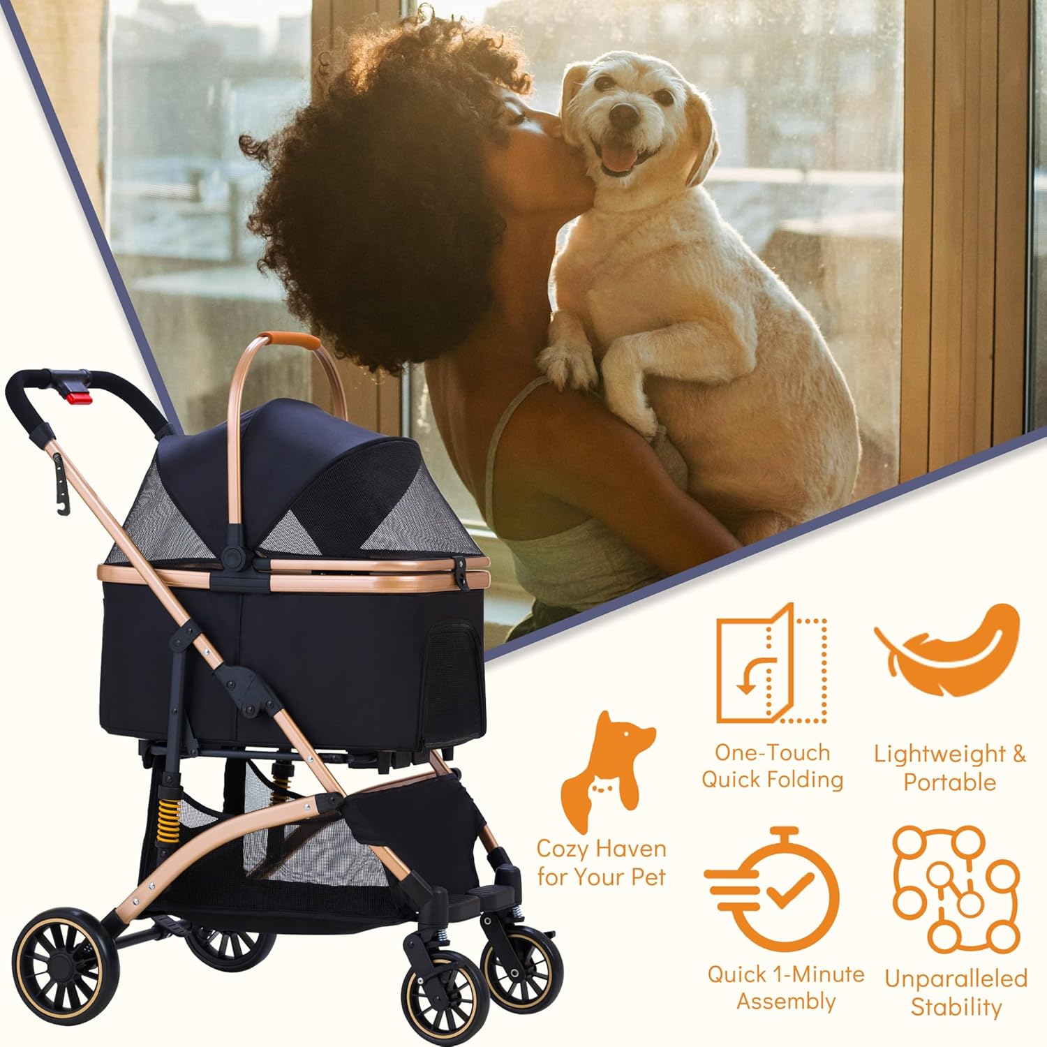 Black lightweight pet stroller with shock absorption system, detachable carrier for small dogs and cats — view 4