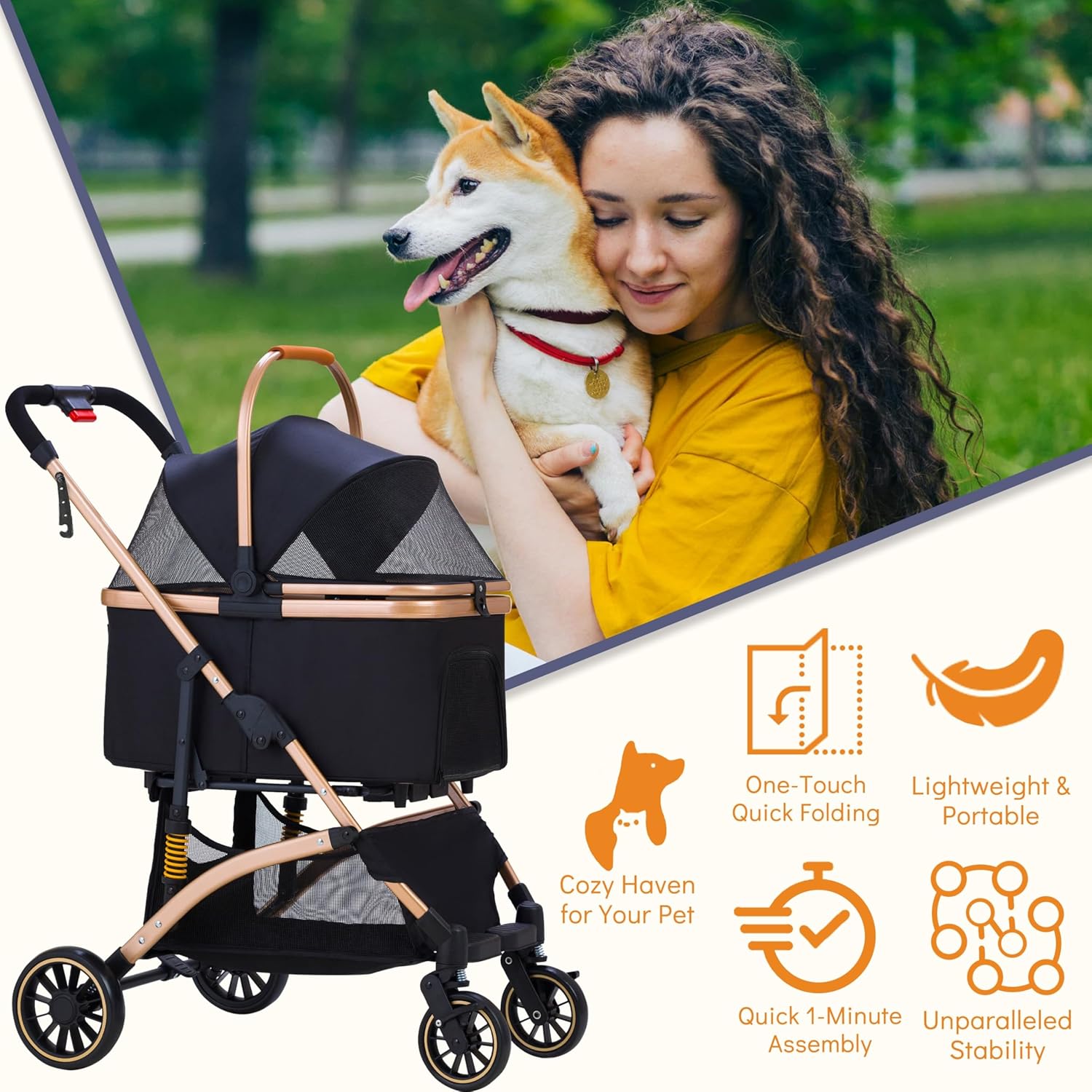 Black lightweight pet stroller with shock absorption system, detachable carrier for small dogs and cats — view 5