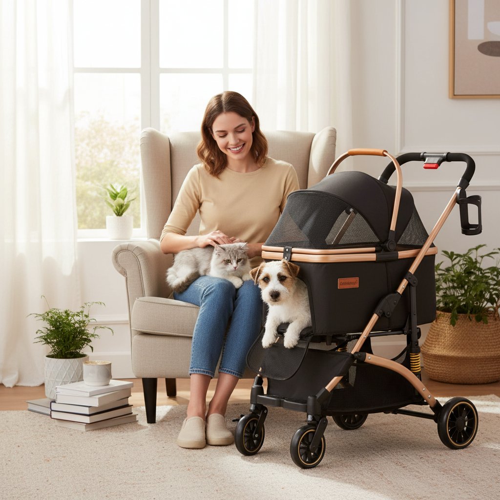 Black lightweight pet stroller with shock absorption system, detachable carrier for small dogs and cats — view 1