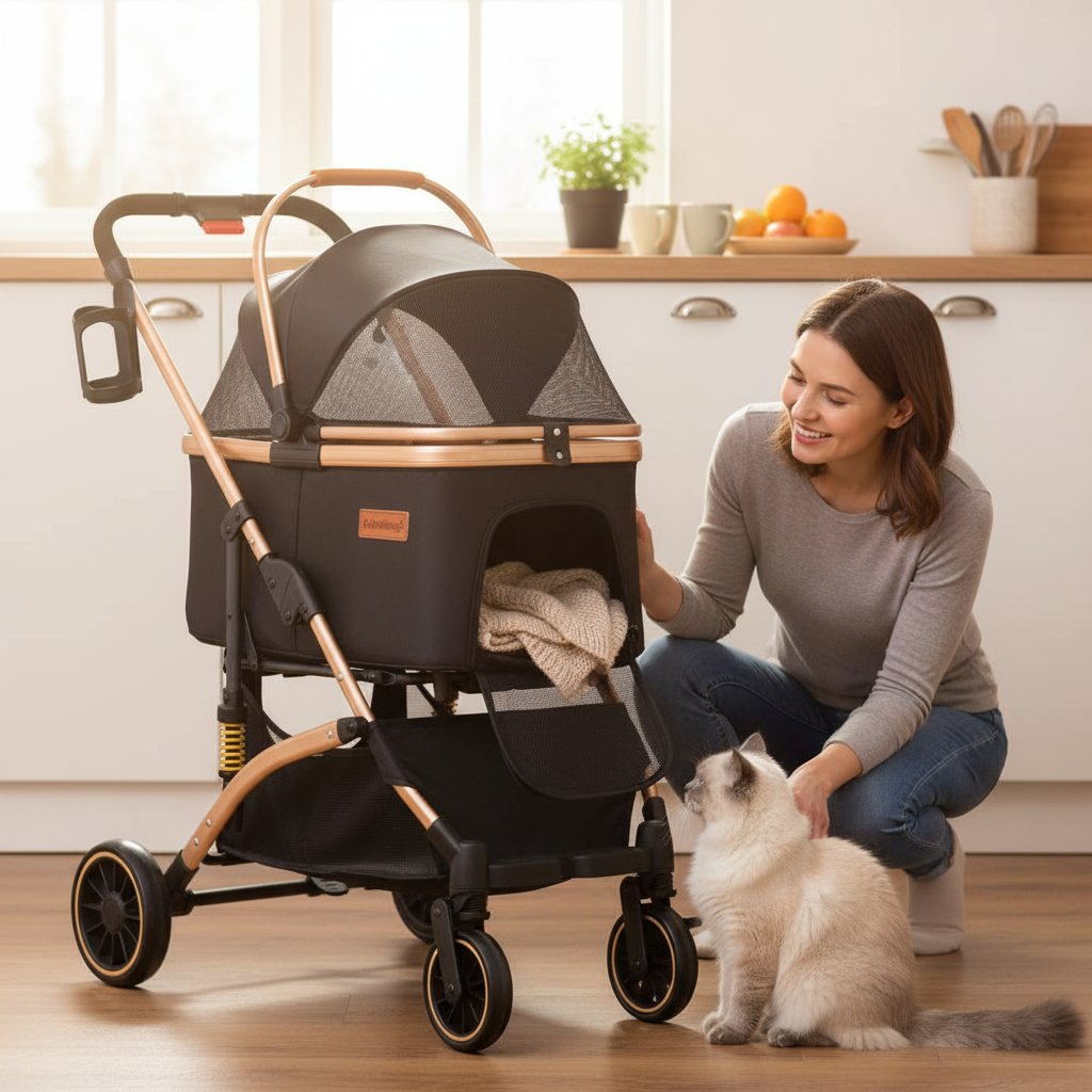 Black lightweight pet stroller with shock absorption system, detachable carrier for small dogs and cats — view 2