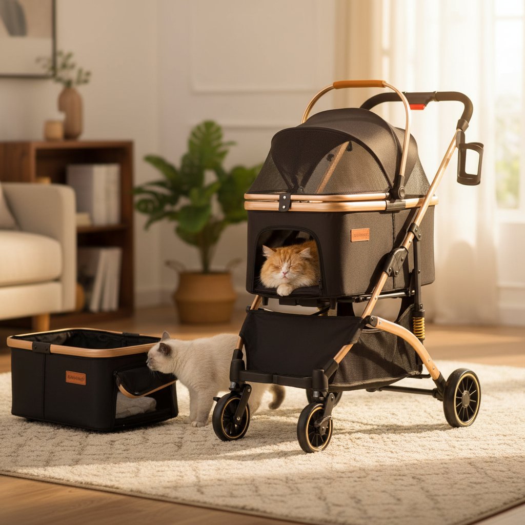 Black lightweight pet stroller with shock absorption system, detachable carrier for small dogs and cats — view 3a