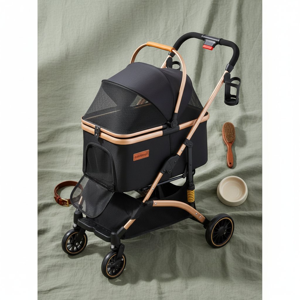 Black lightweight pet stroller with shock absorption system, detachable carrier for small dogs and cats — view 4