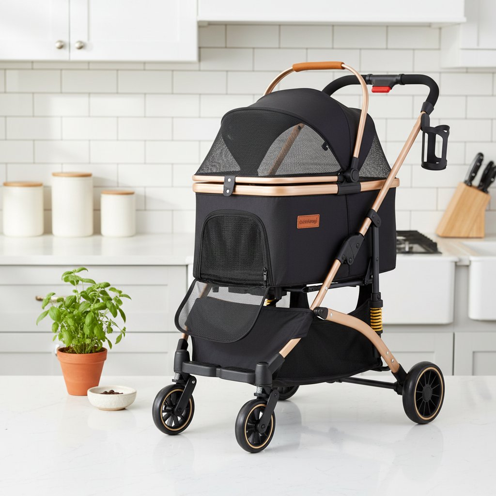 Black lightweight pet stroller with shock absorption system, detachable carrier for small dogs and cats — view 5a
