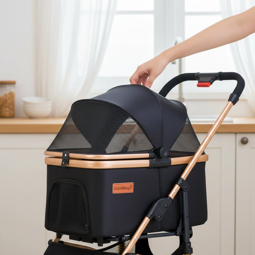 Black lightweight pet stroller with shock absorption system, detachable carrier for small dogs and cats — view 6