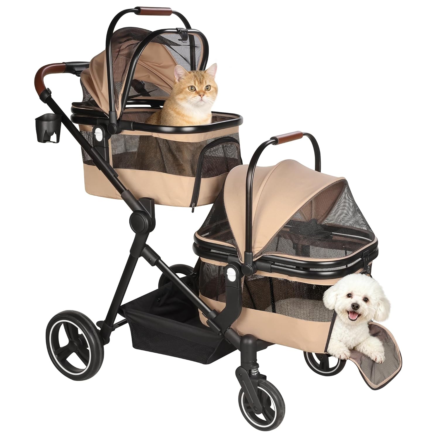Foldable double pet stroller in black with aluminum frame and breathable mesh, showing detachable carriers for small cats and dogs — view 1