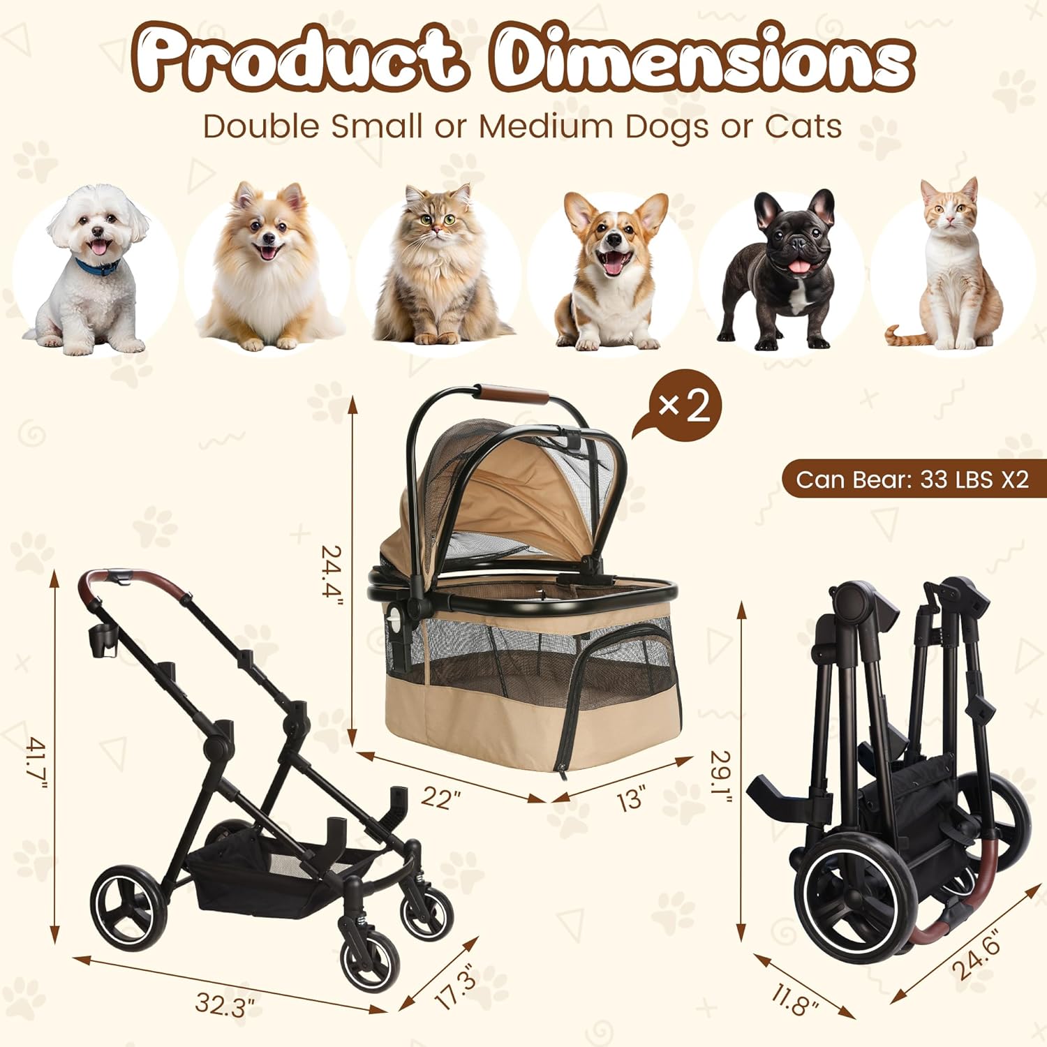 Foldable double pet stroller in black with aluminum frame and breathable mesh, showing detachable carriers for small cats and dogs — view 2