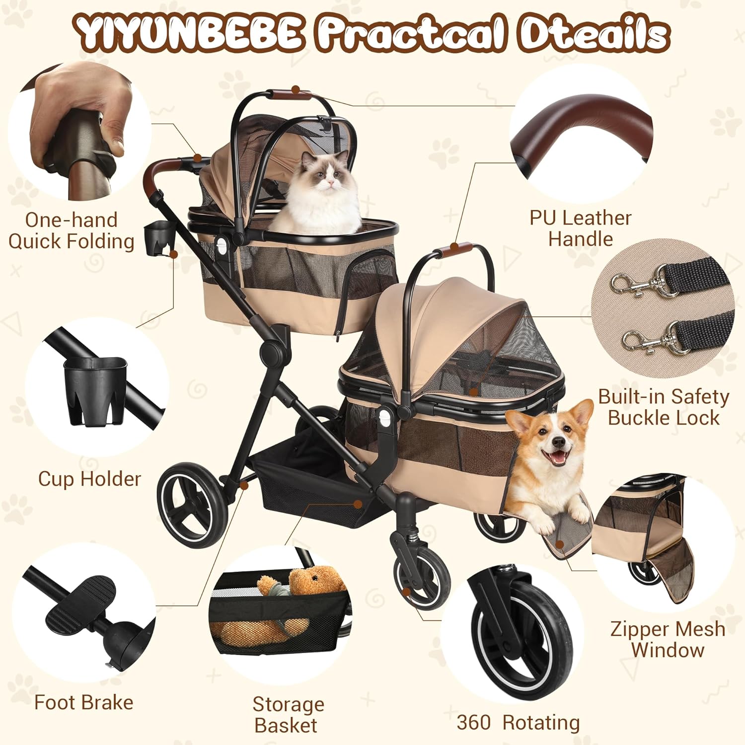 Foldable double pet stroller in black with aluminum frame and breathable mesh, showing detachable carriers for small cats and dogs — view 2