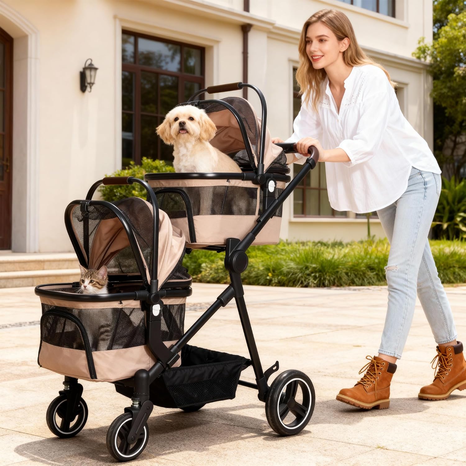 Foldable double pet stroller in black with aluminum frame and breathable mesh, showing detachable carriers for small cats and dogs — view 3