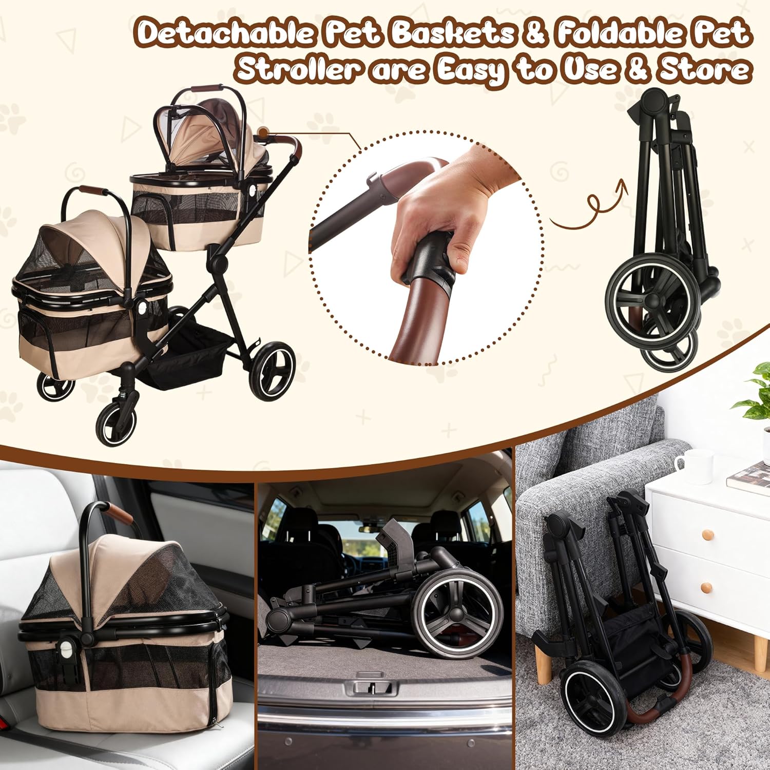 Foldable double pet stroller in black with aluminum frame and breathable mesh, showing detachable carriers for small cats and dogs — view 4
