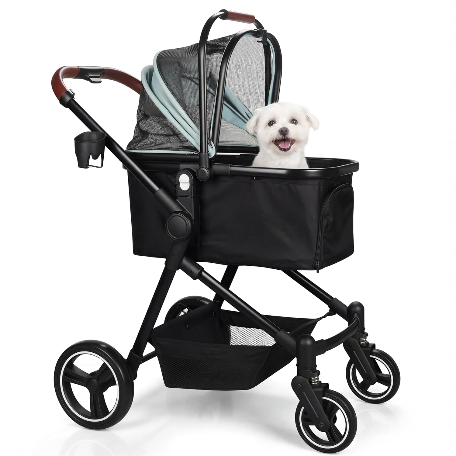 Foldable double pet stroller in black with aluminum frame and breathable mesh, showing detachable carriers for small cats and dogs — view 5