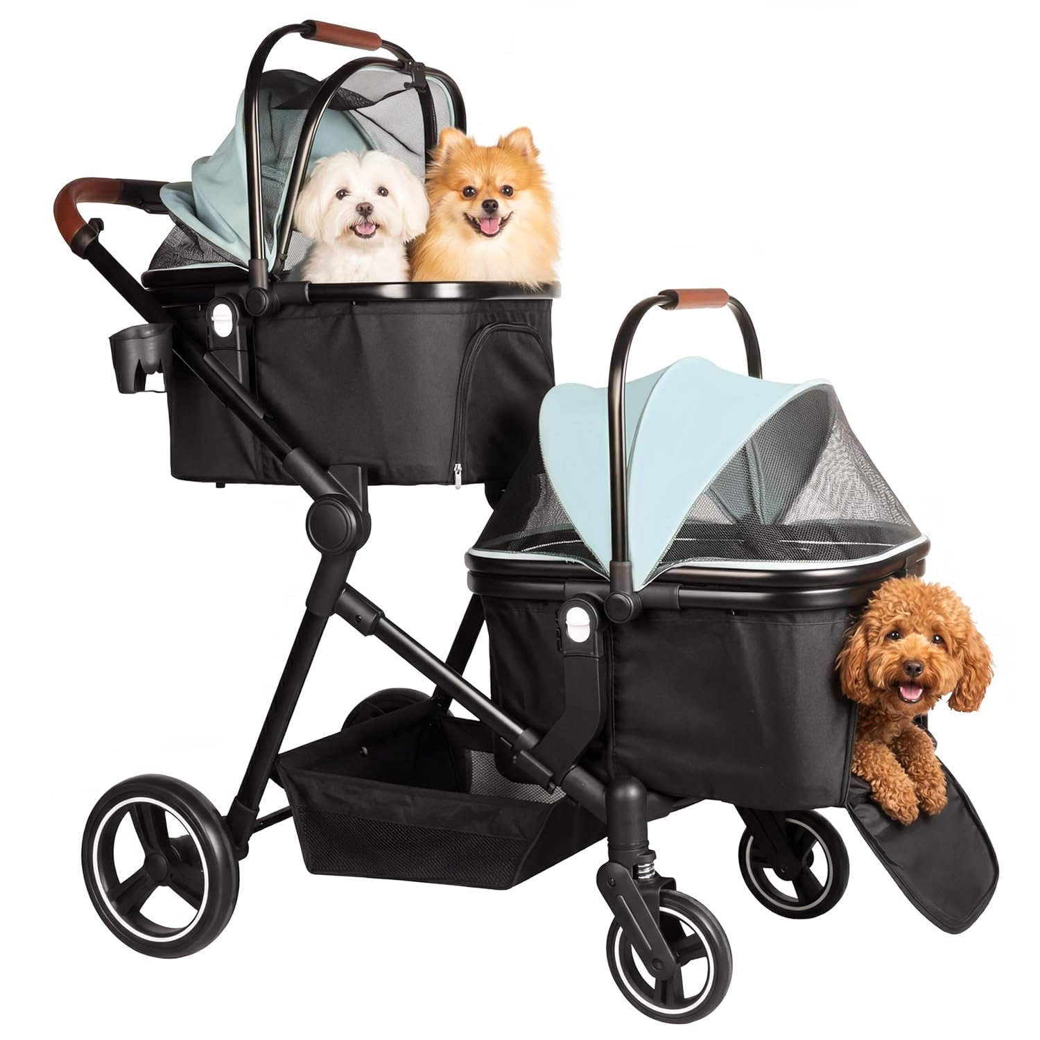 Foldable double pet stroller in black with aluminum frame and breathable mesh, showing detachable carriers for small cats and dogs — view 3b