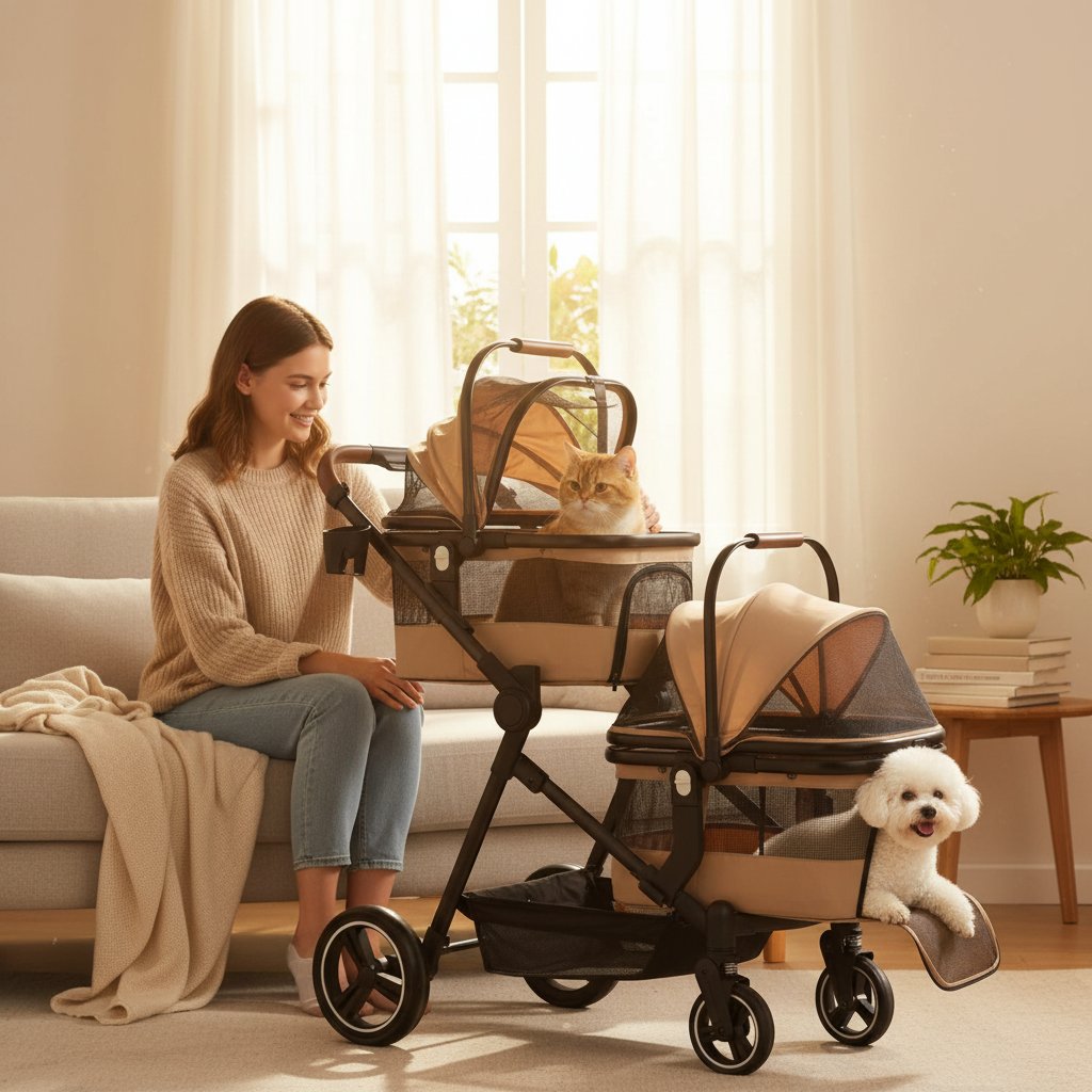 Foldable double pet stroller in black with aluminum frame and breathable mesh, showing detachable carriers for small cats and dogs — view 1