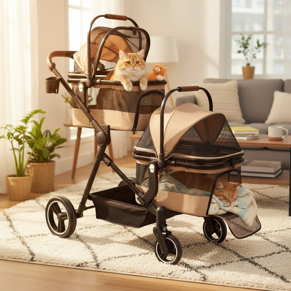Foldable double pet stroller in black with aluminum frame and breathable mesh, showing detachable carriers for small cats and dogs — view 3a