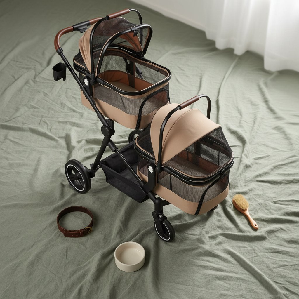 Foldable double pet stroller in black with aluminum frame and breathable mesh, showing detachable carriers for small cats and dogs — view 4