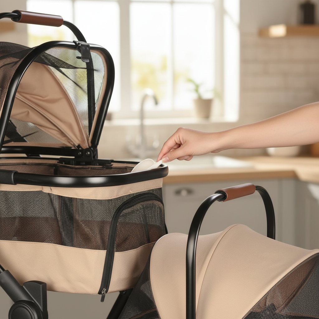 Foldable double pet stroller in black with aluminum frame and breathable mesh, showing detachable carriers for small cats and dogs — view 6