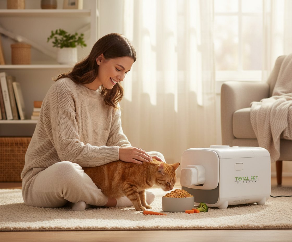 Stainless steel automatic pet food cooker with fresh prepared meal and dispensing feature for dogs and cats — view 1