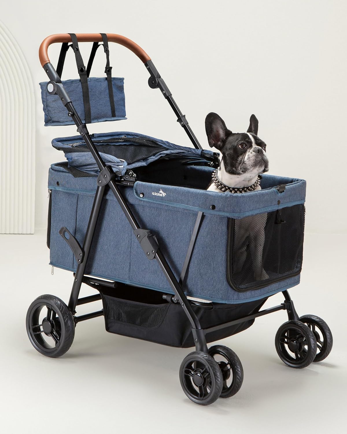 Pink heavy-duty dog stroller with steel frame and ventilated canopy, designed for large and medium dogs up to 132 lbs — view 1