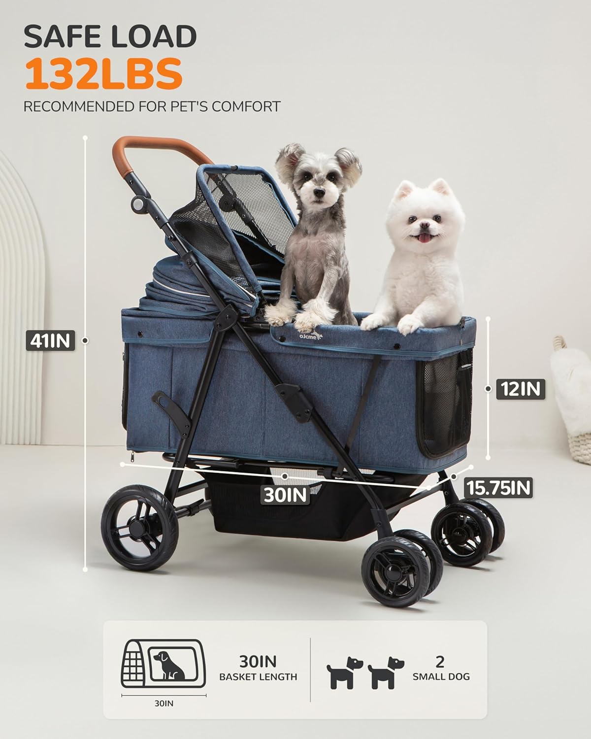 Pink heavy-duty dog stroller with steel frame and ventilated canopy, designed for large and medium dogs up to 132 lbs — view 3